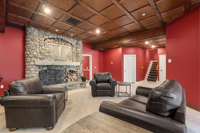 150 Horseneck Rd, Dartmouth, MA 02748 - living area featuring wood ceiling, baseboards, carpet, and a fireplace