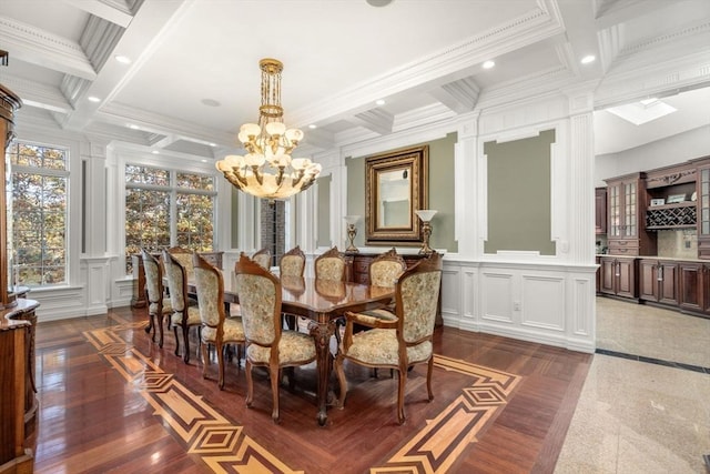 150 Horseneck Rd, Dartmouth, MA 02748 - dining area with a decorative wall, coffered ceiling, a chandelier, crown molding, and beamed ceiling