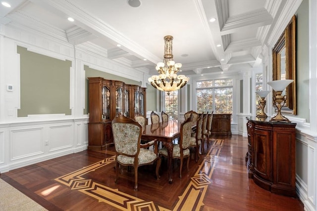150 Horseneck Rd, Dartmouth, MA 02748 - dining area with a decorative wall, a chandelier, ornamental molding, beamed ceiling, and coffered ceiling