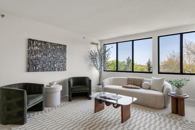 carpeted living area with baseboards and a textured ceiling