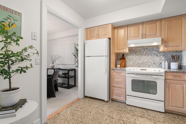 kitchen with white appliances, under cabinet range hood, light brown cabinetry, decorative backsplash, and light stone counters