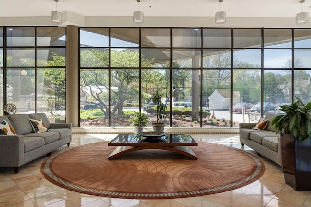 community lobby with a wall of windows