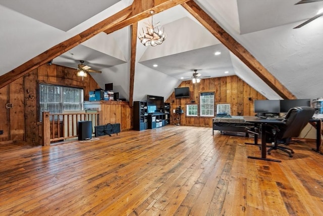 261 E St, Foxboro, MA 02035 - office space with a ceiling fan, wood walls, vaulted ceiling, hardwood / wood-style floors, and a chandelier