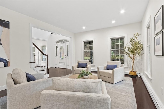 261 E St, Foxboro, MA 02035 - living room featuring stairs, dark wood-style floors, and recessed lighting
