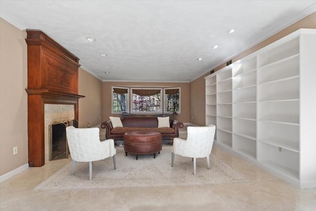 living room featuring crown molding, built in features, light tile patterned floors, and baseboards