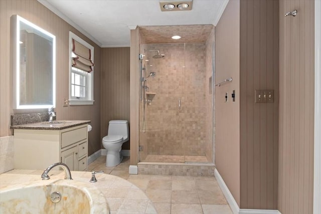 full bath with toilet, a shower stall, ornamental molding, and vanity