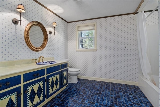 bathroom featuring crown molding, vanity, wallpapered walls, and toilet