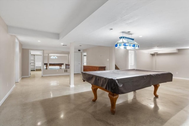 recreation room featuring finished concrete floors, recessed lighting, baseboards, and billiards
