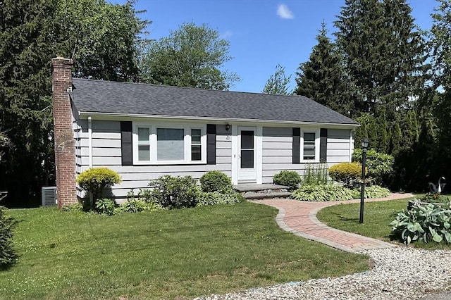 412 Worcester St, West Boylston, MA 01583 - ranch-style home with a chimney, a front yard, and a shingled roof