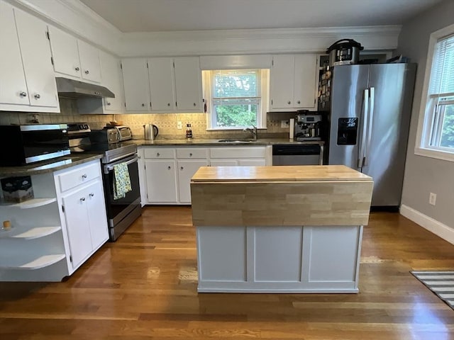 412 Worcester St, West Boylston, MA 01583 - kitchen with appliances with stainless steel finishes, under cabinet range hood, plenty of natural light, open shelves, and ornamental molding