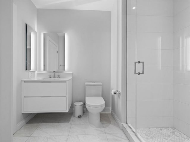 100 Shawmut Ave Unit 709, Boston, MA 02118 - full bath featuring vanity, toilet, a shower stall, marble finish flooring, and baseboards