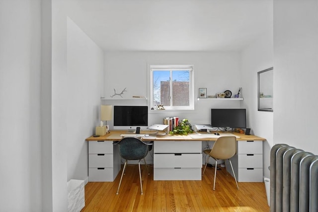 office area featuring built in study area, light wood-style flooring, and radiator