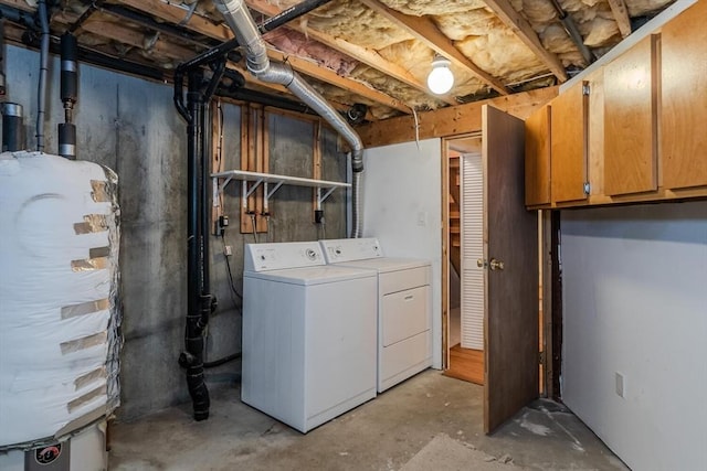 unfinished basement featuring independent washer and dryer and water heater