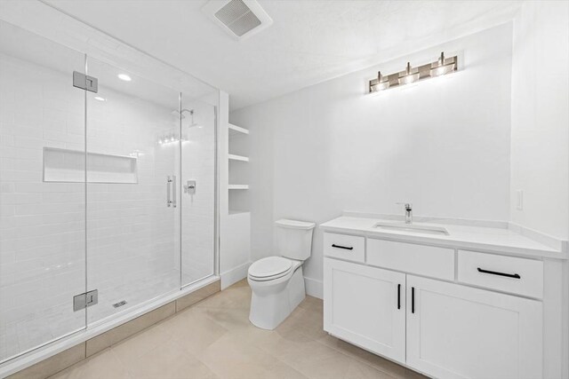 full bath with a stall shower, visible vents, toilet, tile patterned flooring, and vanity