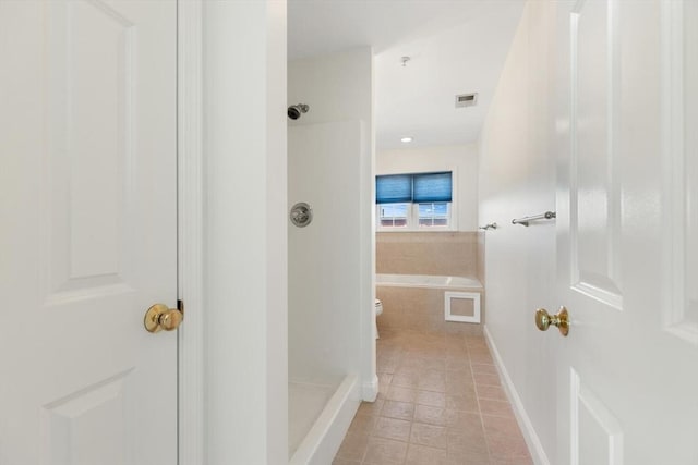 full bathroom with tiled bath, visible vents, walk in shower, and tile patterned flooring