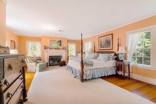 bedroom with baseboards, multiple windows, and wood finished floors