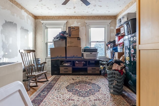 interior space with ceiling fan