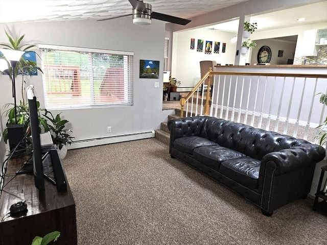 living room featuring ceiling fan, vaulted ceiling, carpet flooring, and a baseboard radiator