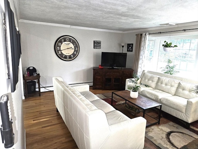 living room with crown molding, wood finished floors, baseboard heating, and a textured ceiling