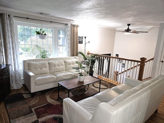 living area with visible vents, ceiling fan, ornamental molding, wood finished floors, and a textured ceiling