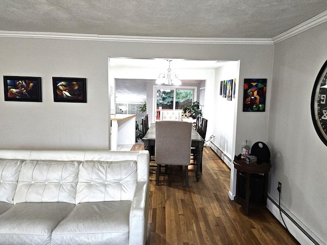 dining room featuring baseboard heating, a chandelier, crown molding, and dark wood-style flooring