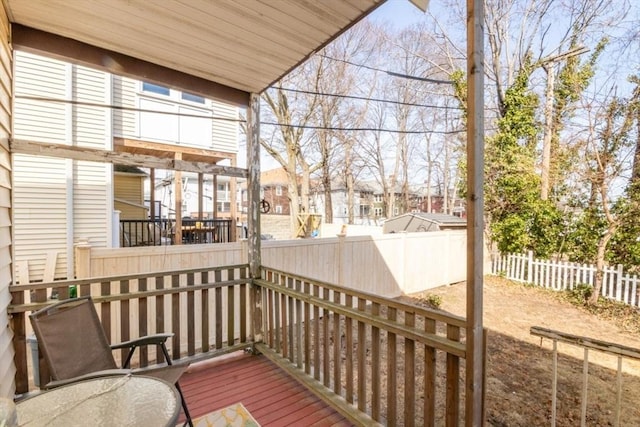 wooden terrace with a fenced backyard