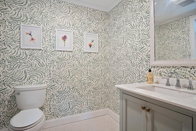 9 Arlington Rd, Woburn, MA 01801 - bathroom featuring wallpapered walls, crown molding, vanity, and tile patterned flooring