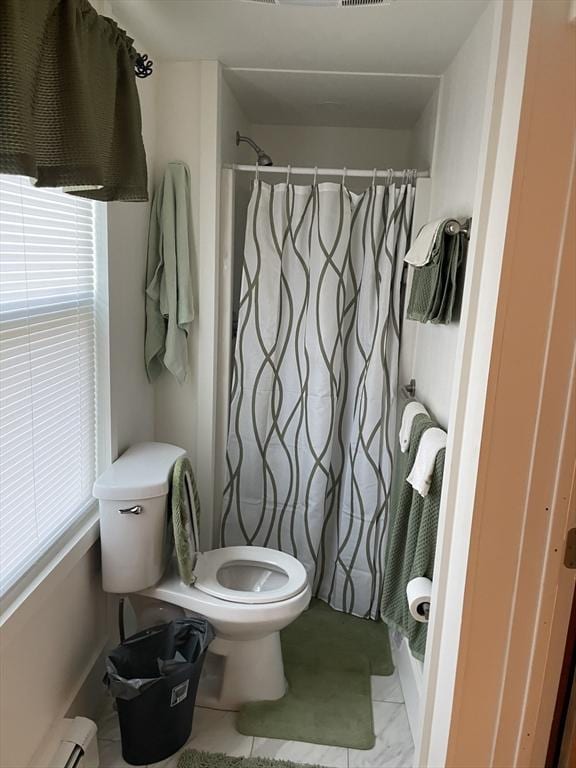 81 Durfee, New Bedford, MA 02740 - bathroom with a baseboard heating unit, toilet, a shower with shower curtain, and marble finish flooring
