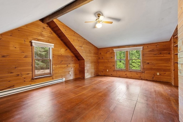 10 Worcester Rd, Townsend, MA 01469 - additional living space featuring wood walls, ceiling fan, hardwood / wood-style floors, and baseboard heating