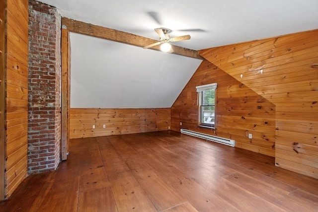 10 Worcester Rd, Townsend, MA 01469 - additional living space with baseboard heating, wood walls, hardwood / wood-style floors, and ceiling fan
