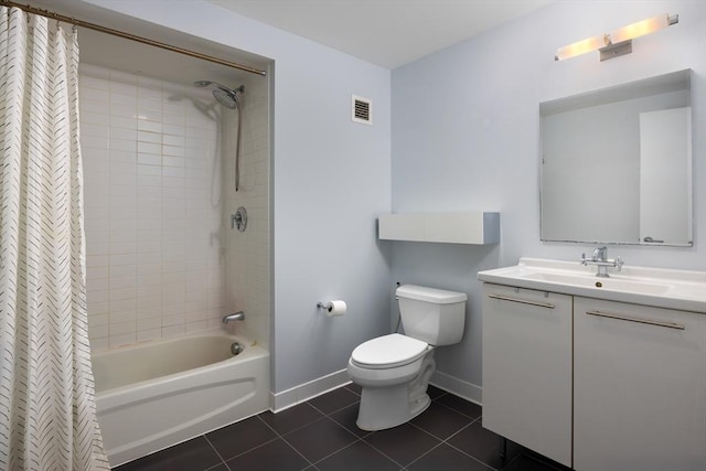 full bathroom featuring toilet, tile patterned floors, shower / bathtub combination with curtain, and vanity