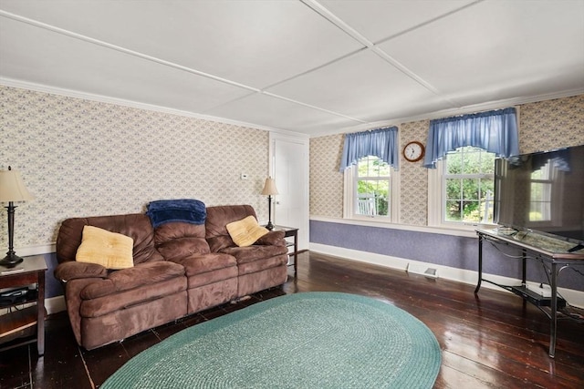 19 E St, Grafton, MA 01536 - living area featuring wood-type flooring, wallpapered walls, and crown molding