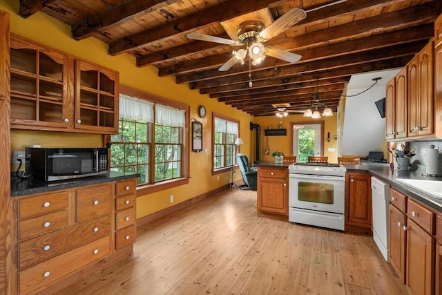 19 E St, Grafton, MA 01536 - kitchen featuring white appliances, a wooden ceiling with exposed beams, brown cabinetry, a ceiling fan, and light wood-type flooring