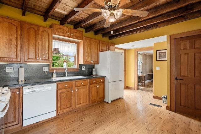 19 E St, Grafton, MA 01536 - kitchen featuring white appliances, a wood ceiling with exposed beams, ceiling fan, tasteful backsplash, and dark countertops