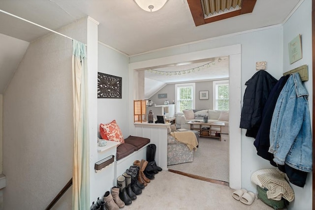 85 Everett St, Southbridge, MA 01550 - hallway featuring carpet, crown molding, and vaulted ceiling