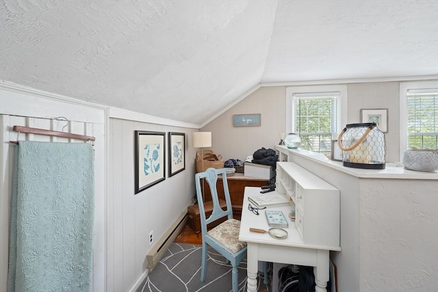 85 Everett St, Southbridge, MA 01550 - office with a baseboard heating unit, plenty of natural light, a textured ceiling, and lofted ceiling