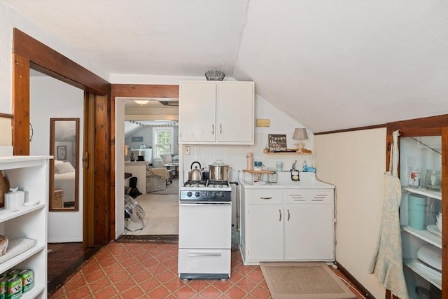 85 Everett St, Southbridge, MA 01550 - kitchen with white range with gas cooktop, white cabinets, light countertops, and vaulted ceiling