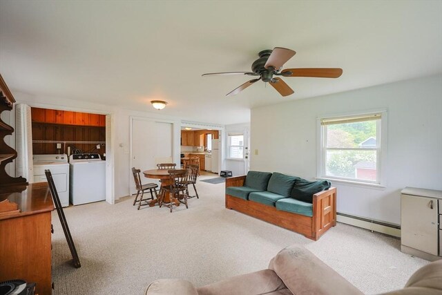 26 Presidents Rd, Weymouth, MA 02188 - living room with a baseboard heating unit, independent washer and dryer, ceiling fan, and carpet floors