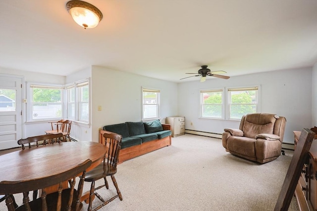 26 Presidents Rd, Weymouth, MA 02188 - living area with a baseboard heating unit, light carpet, a ceiling fan, and a baseboard radiator