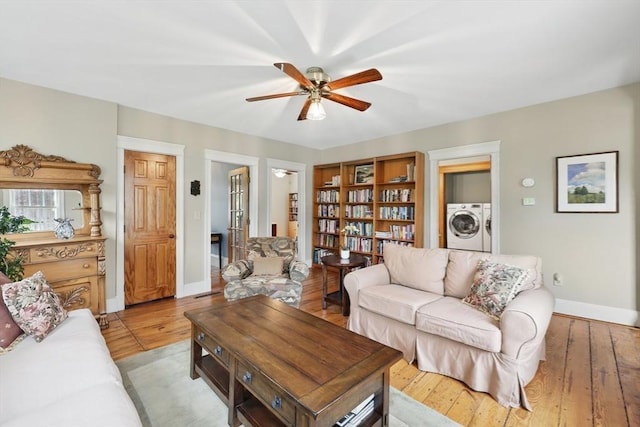 39 Cook Rd, Southampton, MA 01073 - living area featuring ceiling fan, baseboards, light wood-style flooring, and washer and dryer