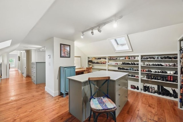 39 Cook Rd, Southampton, MA 01073 - wine room with a skylight, vaulted ceiling, light wood finished floors, and track lighting