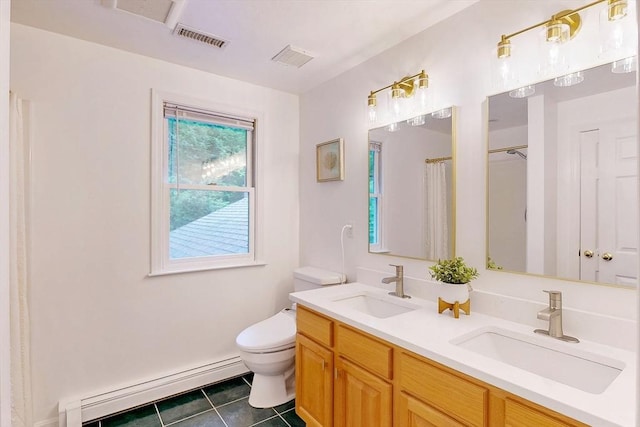 79 Charter Rd, Acton, MA 01720 - full bathroom with a baseboard heating unit, tile patterned flooring, toilet, double vanity, and a shower with curtain