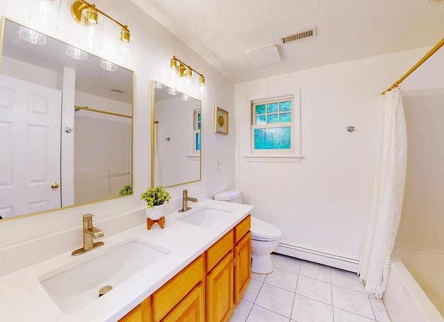 79 Charter Rd, Acton, MA 01720 - bathroom with a baseboard heating unit, tile patterned floors, toilet, double vanity, and shower / bath combination with curtain