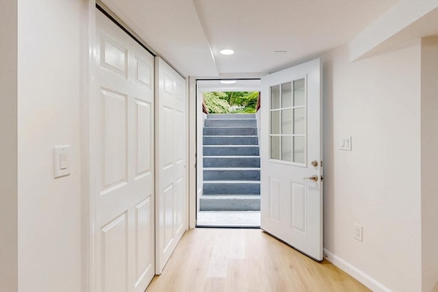 79 Charter Rd, Acton, MA 01720 - doorway featuring light wood-style flooring, baseboards, stairway, and recessed lighting