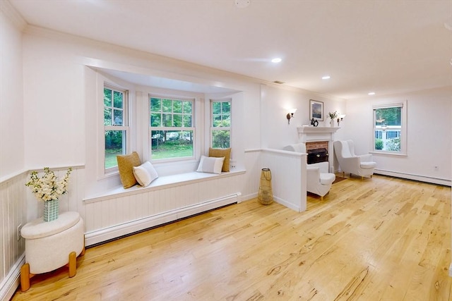 79 Charter Rd, Acton, MA 01720 - living area with a baseboard heating unit, wood finished floors, plenty of natural light, wainscoting, and recessed lighting