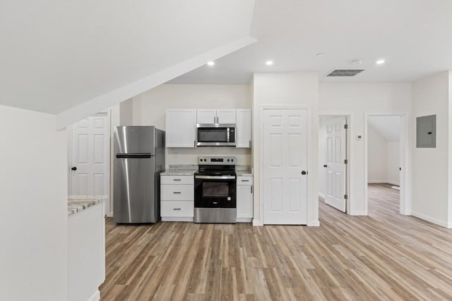 kitchen featuring light wood finished floors, appliances with stainless steel finishes, electric panel, and white cabinets