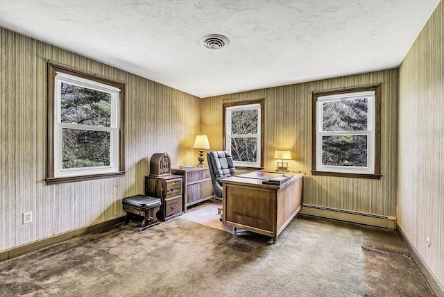 carpeted office space featuring visible vents, a baseboard radiator, a textured ceiling, and a wealth of natural light