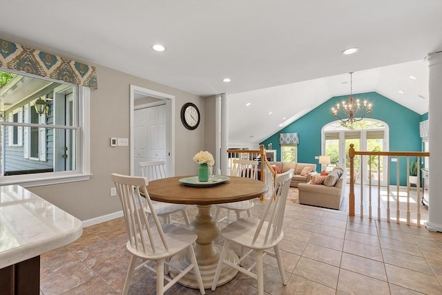 134 Reed Farm Rd, Boxborough, MA 01719 - dining space featuring a chandelier, recessed lighting, lofted ceiling, ornate columns, and baseboards