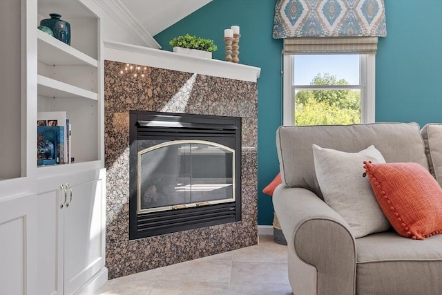 134 Reed Farm Rd, Boxborough, MA 01719 - living area featuring a fireplace, vaulted ceiling, and tile patterned flooring