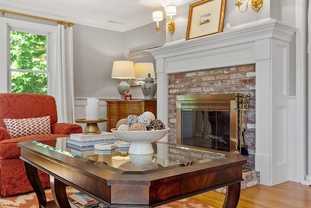 134 Reed Farm Rd, Boxborough, MA 01719 - interior space with ornamental molding, a fireplace, wood finished floors, and wainscoting